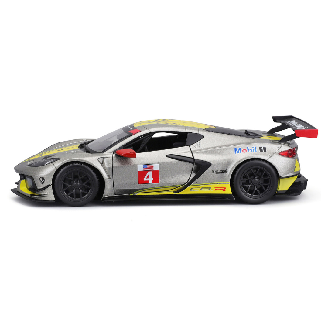 2020-chevrolet-corvette-c8-r-4-silver-metallic-with-yellow-stripes-race-series-1-24-diecast-model-car-by-bburago