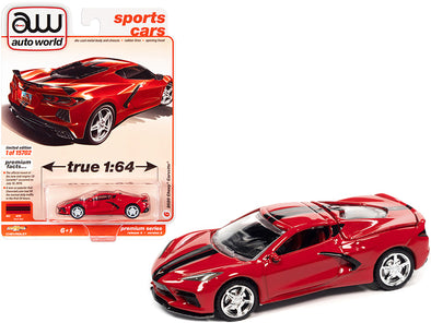 2020-chevrolet-corvette-c8-stingray-torch-red-with-twin-black-stripes-sports-cars-limited-edition-to-15702-pieces-worldwide-1-64-diecast-model-car-by-autoworld